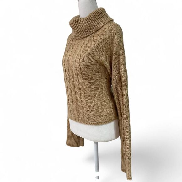 Tan Cable Knit Cropped Turtleneck Sweater - Picture 2 of 7